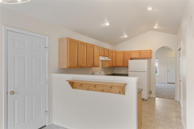 550 Green Tree Dr, Belgrade, MT 59714 - kitchen with freestanding refrigerator, under cabinet range hood, a peninsula, lofted ceiling, and arched walkways