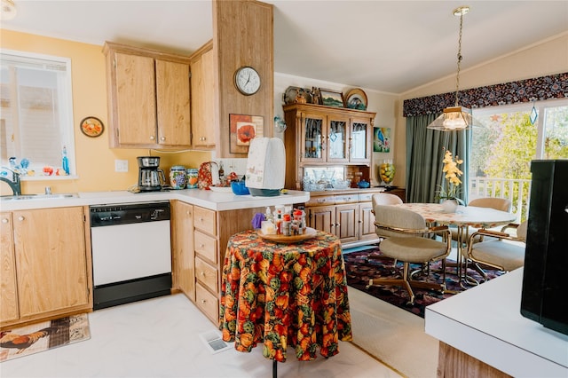 4242 Morningside Cir, Great Falls, MT 59405 - kitchen featuring white dishwasher, a sink, lofted ceiling, ornamental molding, and light countertops