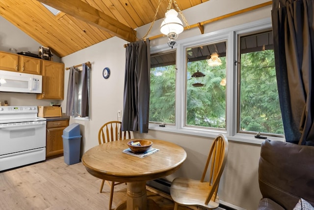 32 Alder Way Unit 4C, Whitefish, MT 59937 - dining space with vaulted ceiling, light wood-type flooring, wood ceiling, and a baseboard heating unit