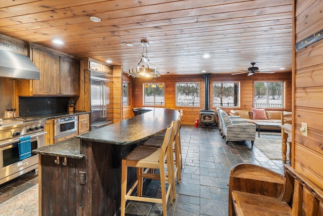655 Leksand Trl, Whitefish, MT 59937 - kitchen with premium appliances, dark countertops, ventilation hood, a wood stove, and plenty of natural light