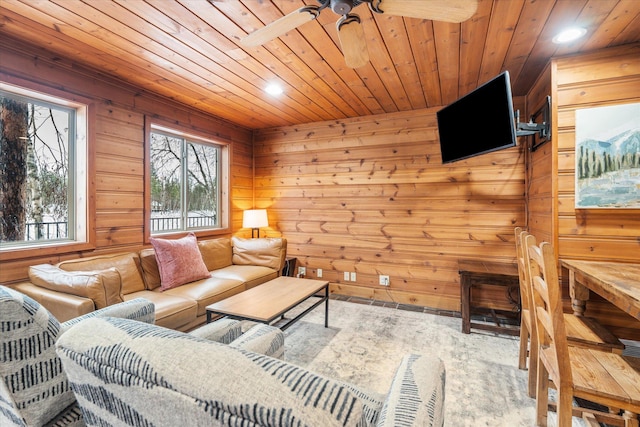 655 Leksand Trl, Whitefish, MT 59937 - living room featuring wooden ceiling, a ceiling fan, recessed lighting, and wooden walls