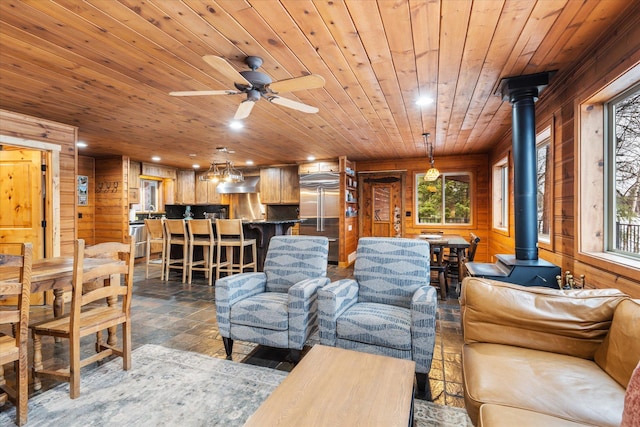 655 Leksand Trl, Whitefish, MT 59937 - living area with a wood stove, wood ceiling, wood walls, recessed lighting, and a ceiling fan