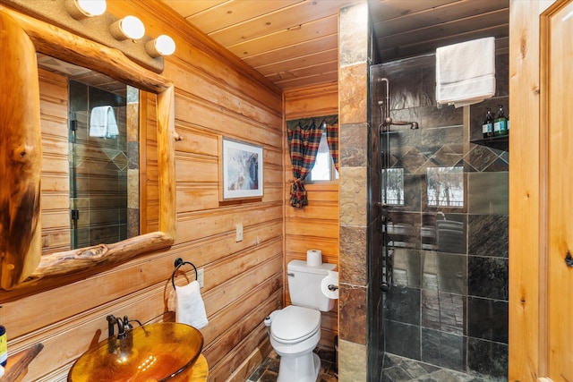 655 Leksand Trl, Whitefish, MT 59937 - bathroom featuring a stall shower, wooden ceiling, and wood walls