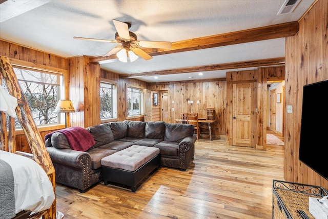 655 Leksand Trl, Whitefish, MT 59937 - living area featuring wooden walls, beam ceiling, a ceiling fan, light wood-style floors, and a textured ceiling
