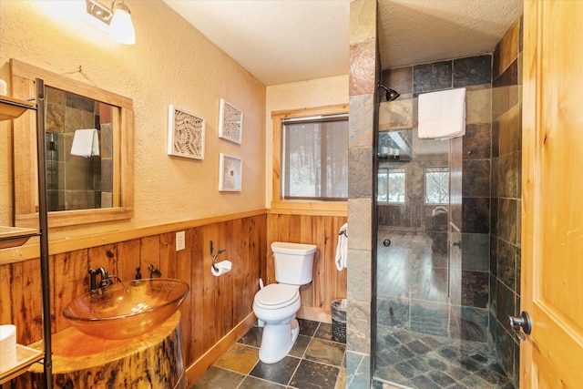 655 Leksand Trl, Whitefish, MT 59937 - full bathroom with a shower stall, vanity, stone finish flooring, a textured ceiling, and wainscoting