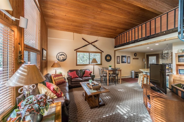 97 Cedar Way Unit 97, Whitefish, MT 59937 - carpeted living area with high vaulted ceiling, wooden ceiling, and baseboards