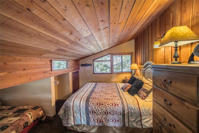 97 Cedar Way Unit 97, Whitefish, MT 59937 - carpeted bedroom with vaulted ceiling, wooden ceiling, and wood walls