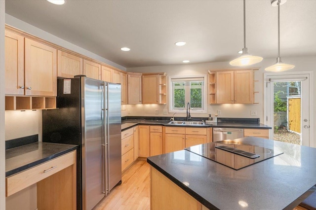 kitchen with light brown cabinets, a sink, open shelves, and recessed lighting
