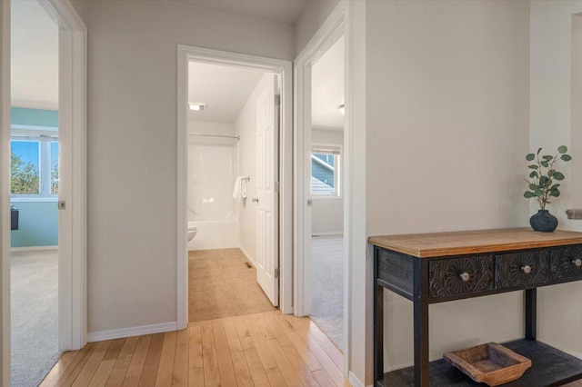 hall featuring light wood finished floors, healthy amount of natural light, and baseboards