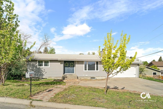 ranch-style house with driveway, a chimney, entry steps, and a garage
