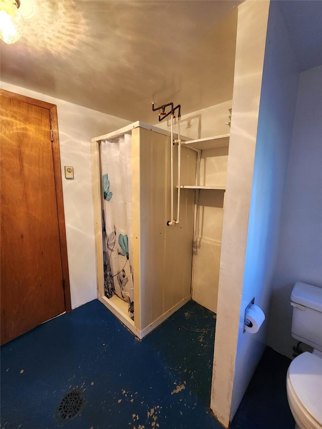 172 Scenery Rd, Libby, MT 59923 - full bathroom featuring concrete floors, toilet, and a shower stall