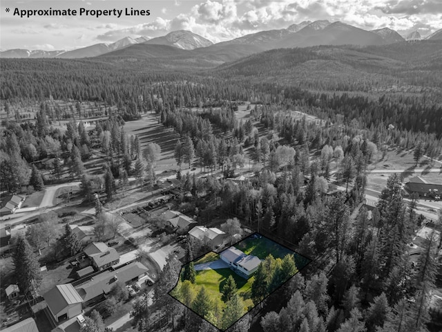 172 Scenery Rd, Libby, MT 59923 - aerial view of property and surrounding area with a heavily wooded area, a mountainous background, and property boundaries highlighted