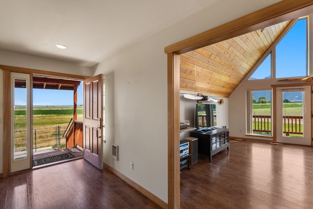61253 Watson Rd, Saint Ignatius, MT 59865 - doorway to outside with baseboards, dark wood-style floors, lofted ceiling, recessed lighting, and wooden ceiling