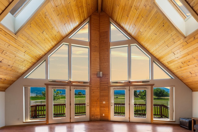 61253 Watson Rd, Saint Ignatius, MT 59865 - additional living space featuring a skylight, high vaulted ceiling, wood ceiling, french doors, and wood finished floors