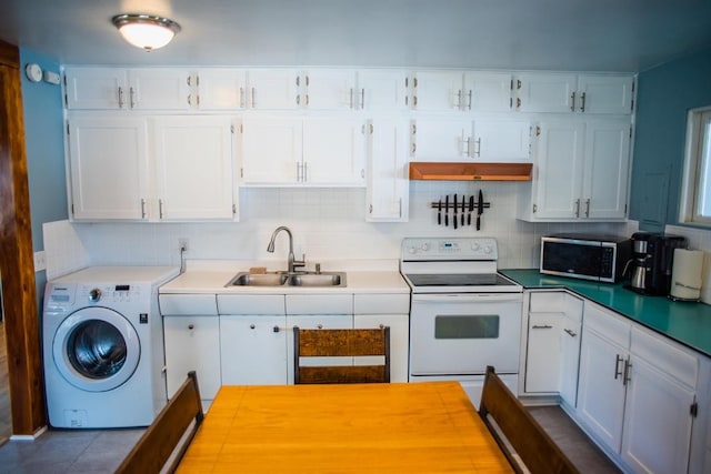 kitchen with washer / dryer, a sink, stainless steel microwave, white electric range oven, and white cabinets
