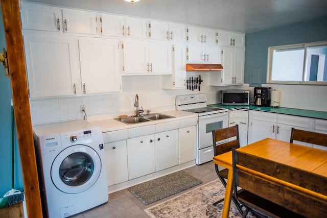 kitchen with washer / clothes dryer, white electric range oven, a sink, stainless steel microwave, and under cabinet range hood