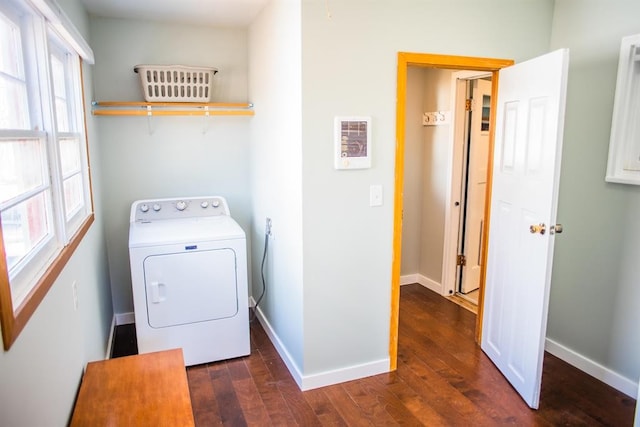 washroom featuring washer / dryer, dark wood-style floors, and baseboards