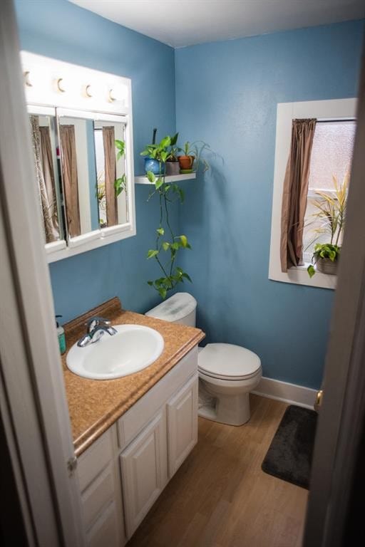 half bath featuring wood finished floors, toilet, and vanity