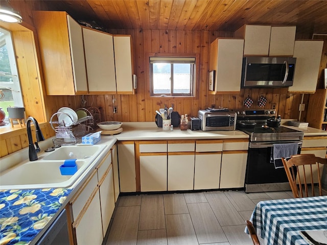 4743 Sloway Frontage Rd, Superior, MT 59872 - kitchen with stainless steel appliances, wooden ceiling, a sink, light countertops, and wooden walls
