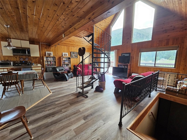 4743 Sloway Frontage Rd, Superior, MT 59872 - living room with wood walls, wood finished floors, vaulted ceiling, and wooden ceiling