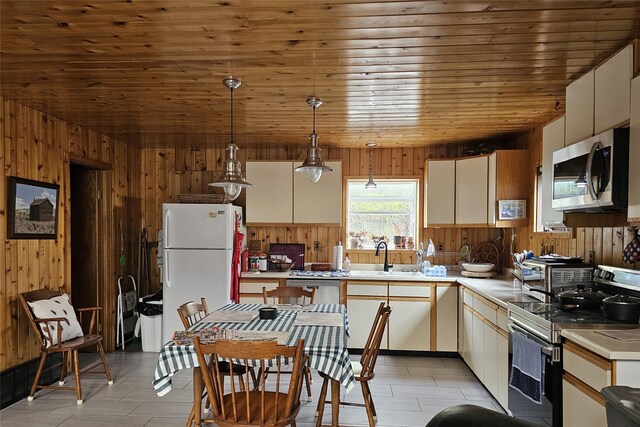 4743 Sloway Frontage Rd, Superior, MT 59872 - kitchen with appliances with stainless steel finishes, a sink, wood walls, light countertops, and hanging light fixtures