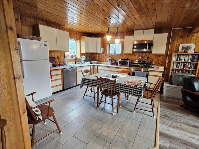 4743 Sloway Frontage Rd, Superior, MT 59872 - kitchen featuring appliances with stainless steel finishes, wood walls, wooden ceiling, light countertops, and pendant lighting