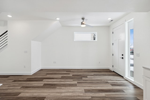 bonus room with a ceiling fan, wood finished floors, recessed lighting, and baseboards