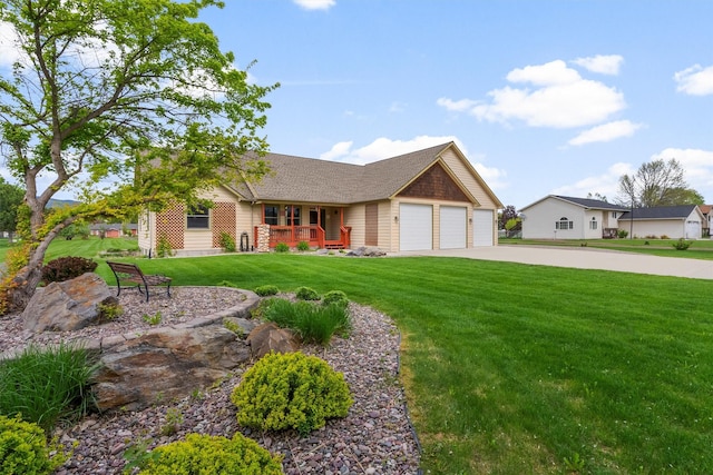 1815 Homestead Dr, Missoula, MT 59808 - ranch-style home with a porch, a front lawn, a garage, and driveway