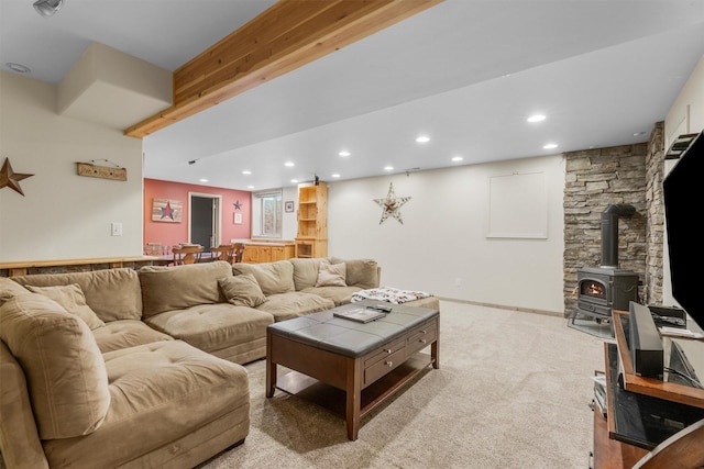 1815 Homestead Dr, Missoula, MT 59808 - carpeted living area featuring recessed lighting, a wood stove, and bar area