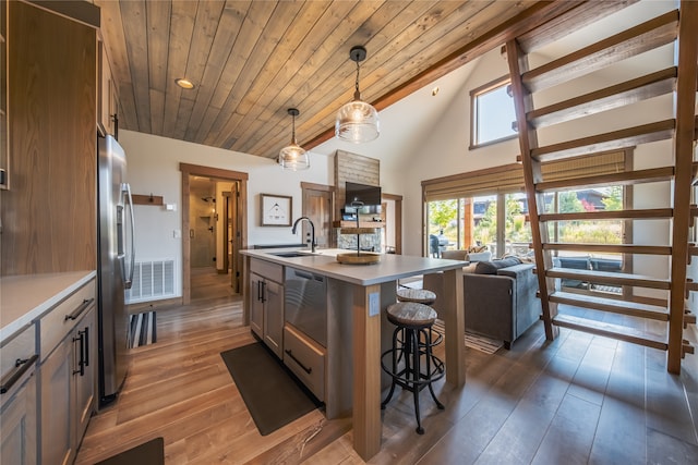 34 Park Cottage Way, Eureka, MT 59917 - kitchen featuring open floor plan, appliances with stainless steel finishes, light countertops, dark wood finished floors, and lofted ceiling