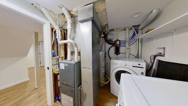 1240 Cannon St, Helena, MT 59601 - clothes washing area featuring washer / clothes dryer, wood finished floors, and gas water heater