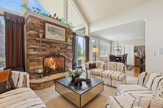 1225 Quail Ridge Dr, Kalispell, MT 59901 - living room featuring a stone fireplace and crown molding