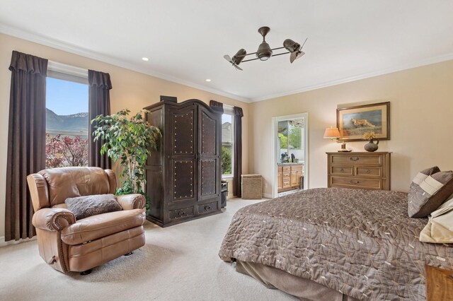 1225 Quail Ridge Dr, Kalispell, MT 59901 - bedroom with light carpet, multiple windows, ornamental molding, recessed lighting, and connected bathroom