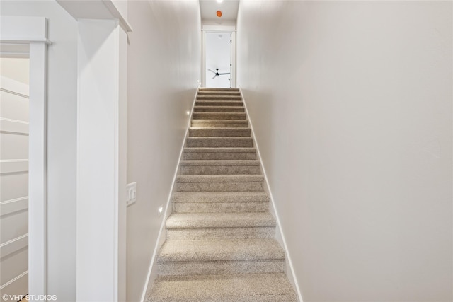 stairway featuring baseboards and carpet floors