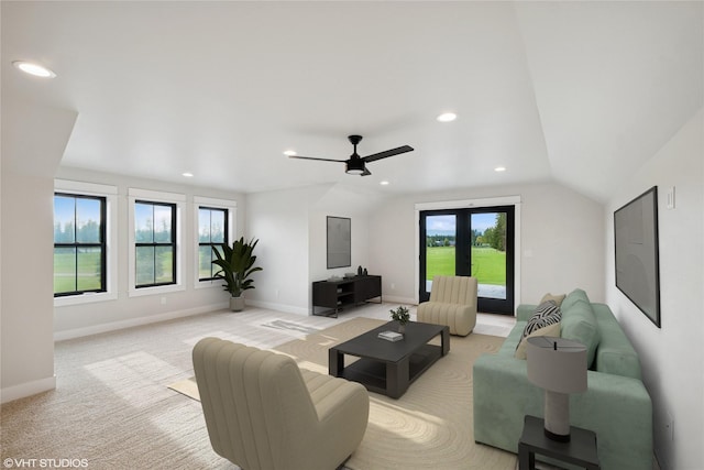 living area with light carpet, ceiling fan, recessed lighting, baseboards, and lofted ceiling