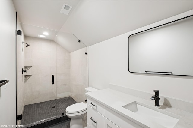 full bath featuring lofted ceiling, a shower stall, toilet, vanity, and recessed lighting