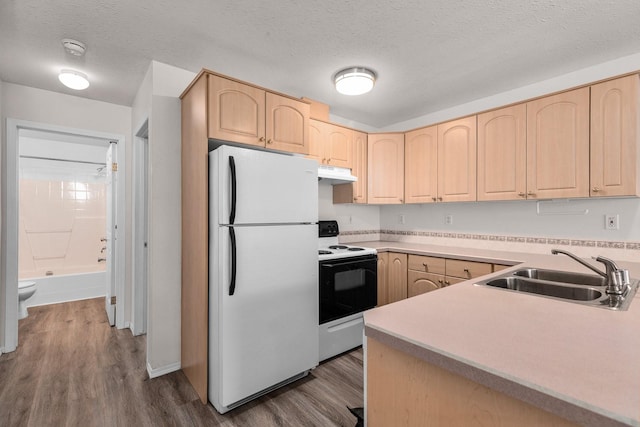 kitchen featuring freestanding refrigerator, light brown cabinets, a sink, range with electric stovetop, and under cabinet range hood