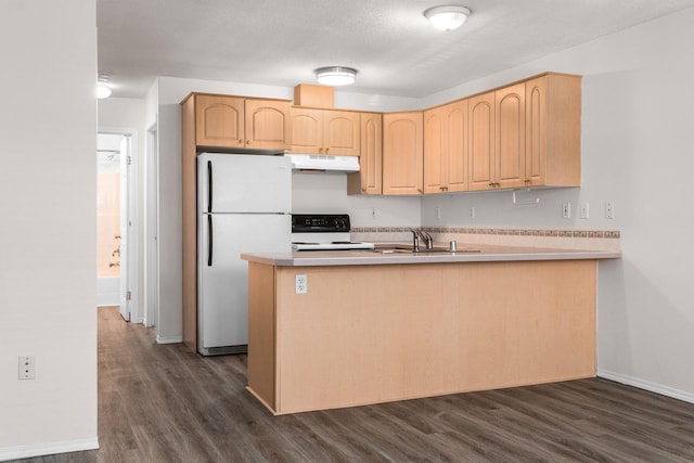 kitchen featuring freestanding refrigerator, under cabinet range hood, electric range oven, light brown cabinets, and a sink