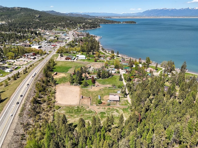 38 Lakeside Ave, Lakeside, MT 59922 - aerial view of property and surrounding area with a water and mountain view and a main thoroughfare