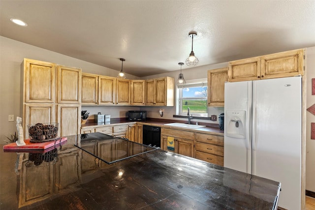 405 Lower Deep Creek Rd, Townsend, MT 59644 - kitchen featuring black appliances, light brown cabinetry, pendant lighting, dark countertops, and lofted ceiling
