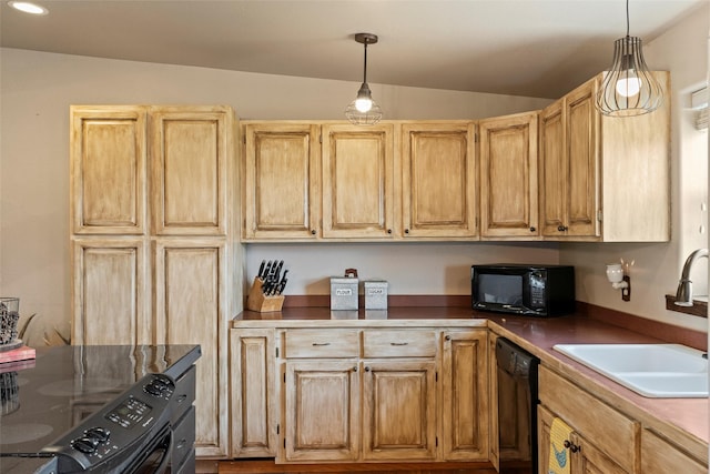 405 Lower Deep Creek Rd, Townsend, MT 59644 - kitchen featuring black appliances, vaulted ceiling, pendant lighting, light brown cabinetry, and recessed lighting