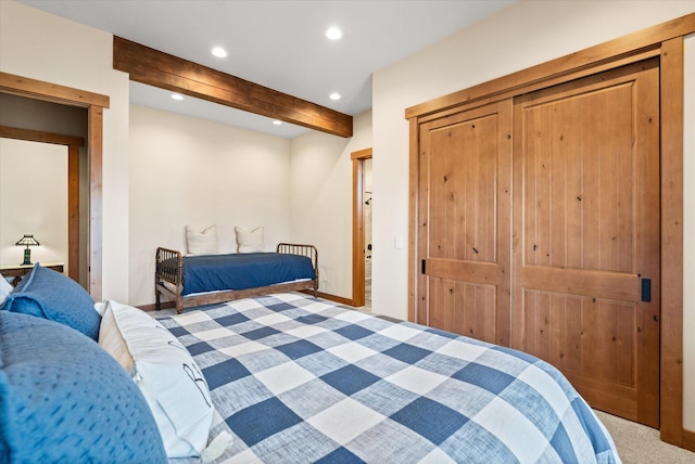 66 Elk Highlands Dr, Whitefish, MT 59937 - bedroom featuring recessed lighting, carpet flooring, and beam ceiling