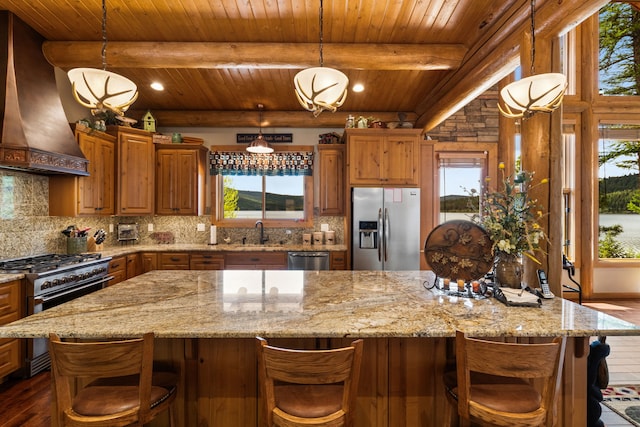 51605 Lake Mary Ronan Rd, Proctor, MT 59929 - kitchen featuring stainless steel appliances, premium range hood, dark wood-style flooring, tasteful backsplash, and a wooden ceiling with exposed beams