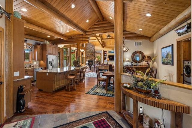 51605 Lake Mary Ronan Rd, Proctor, MT 59929 - living room with wooden ceiling, plenty of natural light, washer / clothes dryer, dark wood-style floors, and recessed lighting