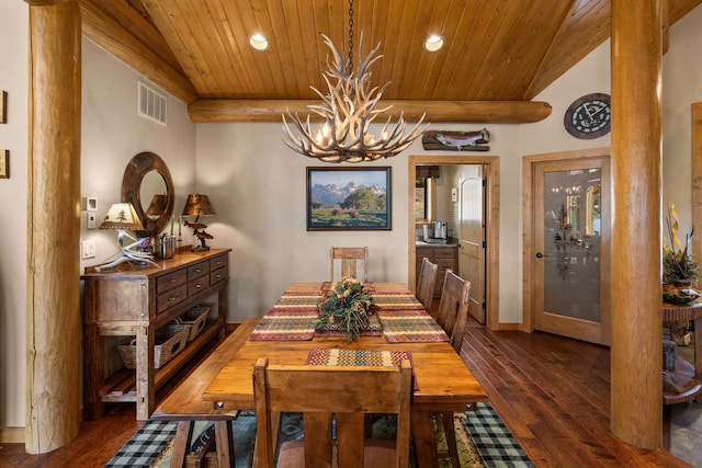 51605 Lake Mary Ronan Rd, Proctor, MT 59929 - dining room featuring recessed lighting, dark wood finished floors, a chandelier, and wooden ceiling