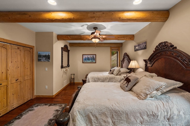 51605 Lake Mary Ronan Rd, Proctor, MT 59929 - bedroom featuring recessed lighting, beam ceiling, dark wood-type flooring, and ceiling fan
