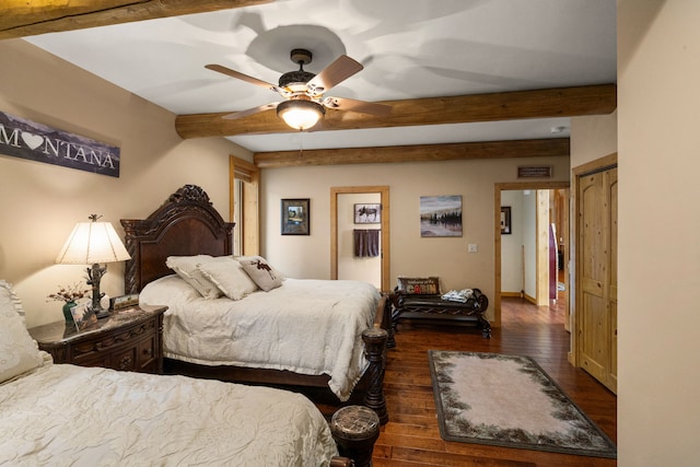 51605 Lake Mary Ronan Rd, Proctor, MT 59929 - bedroom with beam ceiling, hardwood / wood-style floors, and a ceiling fan