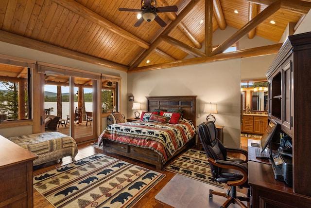 51605 Lake Mary Ronan Rd, Proctor, MT 59929 - bedroom with access to exterior, a wooden ceiling with exposed beams, a desk, hardwood / wood-style flooring, and recessed lighting