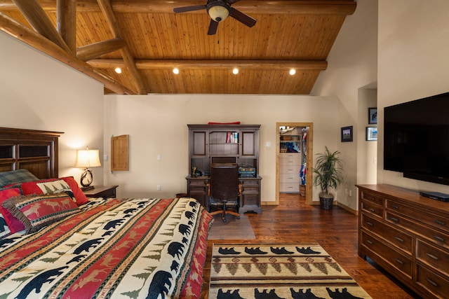 51605 Lake Mary Ronan Rd, Proctor, MT 59929 - bedroom with a wooden ceiling with exposed beams, an office area, dark wood-style flooring, recessed lighting, and high vaulted ceiling