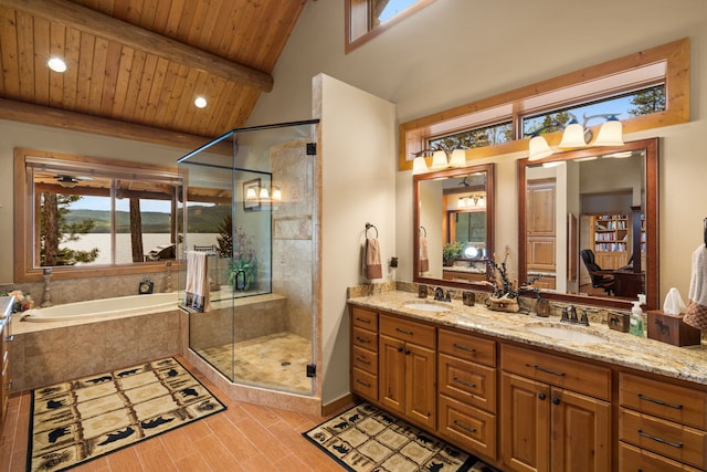 51605 Lake Mary Ronan Rd, Proctor, MT 59929 - full bath with double vanity, a shower stall, a garden tub, wood ceiling, and a water view